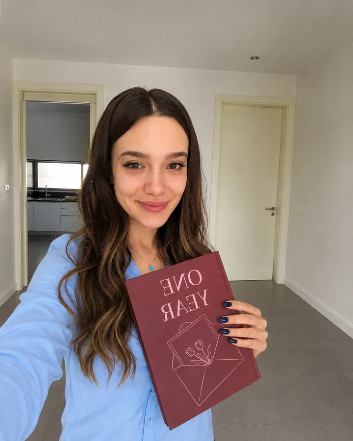 Clienta mostrando el photobook de su primer año juntos