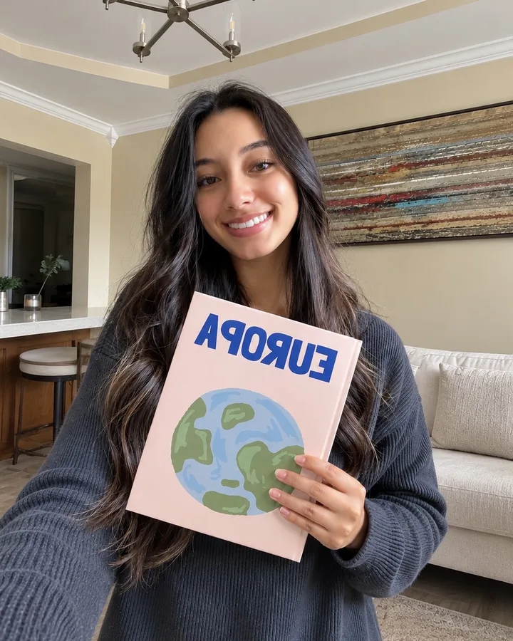 Clienta mostrando su photobook del viaje por Europa