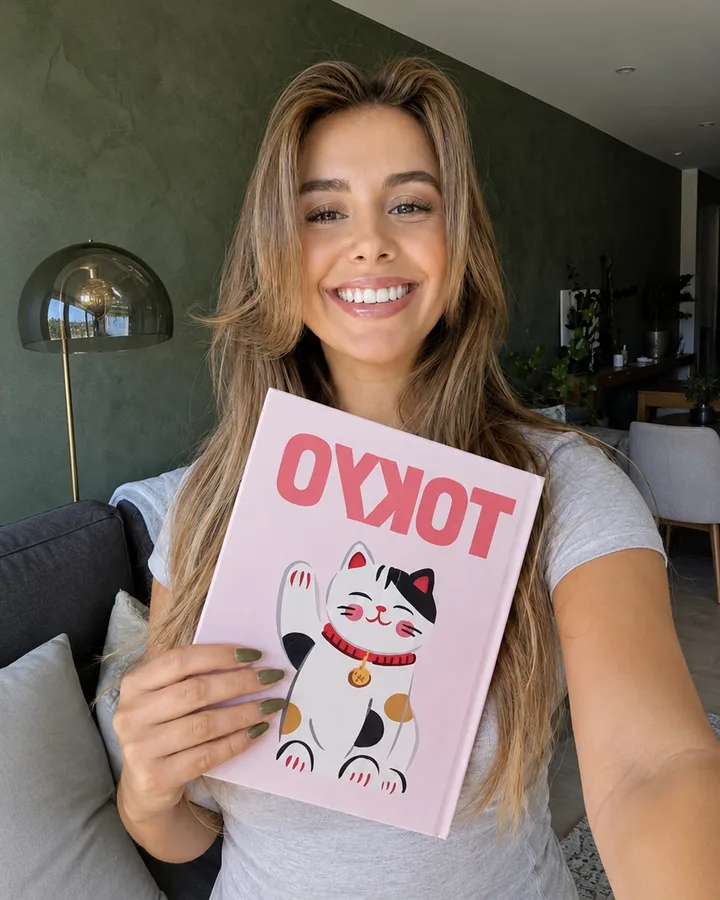 Clienta mostrando su photobook del viaje a Tokio